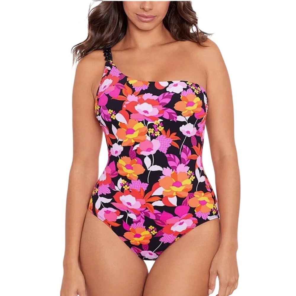 Skinny Dippers Flapjack One Shoulder Floral One Piece Swimsuit Blk/Multi XL NEW